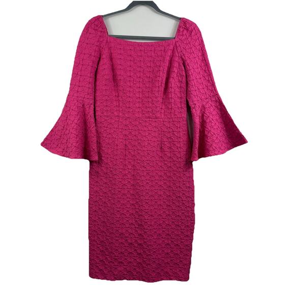 Trina Turk New Favor Pink Square Neck Bell Sleeve Dress Size 4 Sheath Textured - Picture 2 of 15